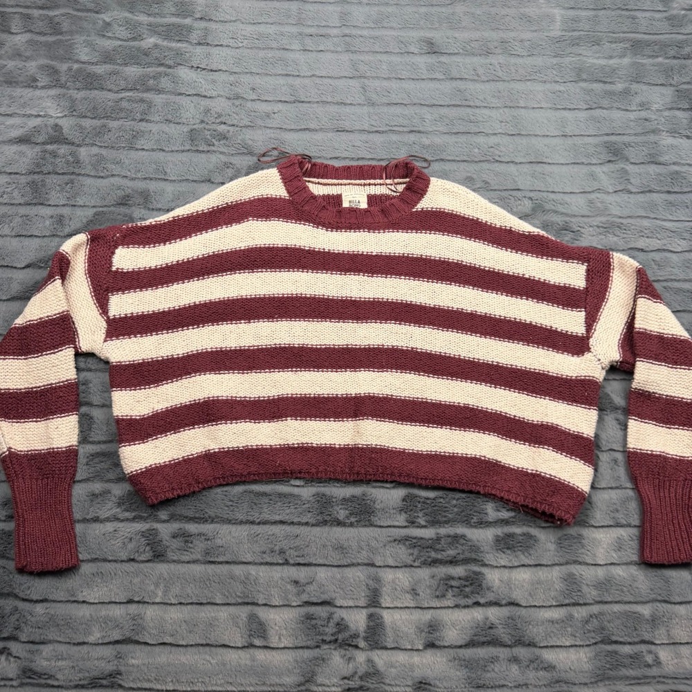 Billabong Women Maroon Cream Striped Cropped Cotton Knit Sweater Small 11779